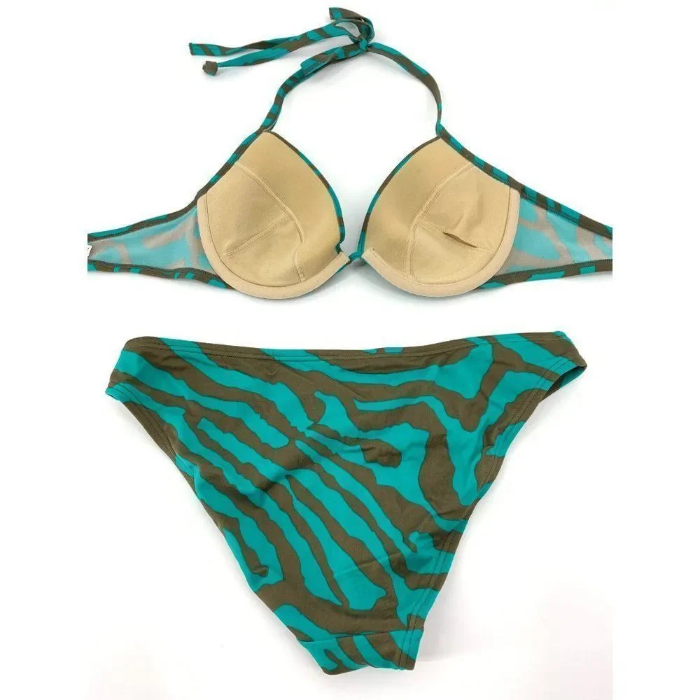 Womens Victoria Secret Bikini 2-piece High Rise Bottom Small Bra 34C Animal 1035
